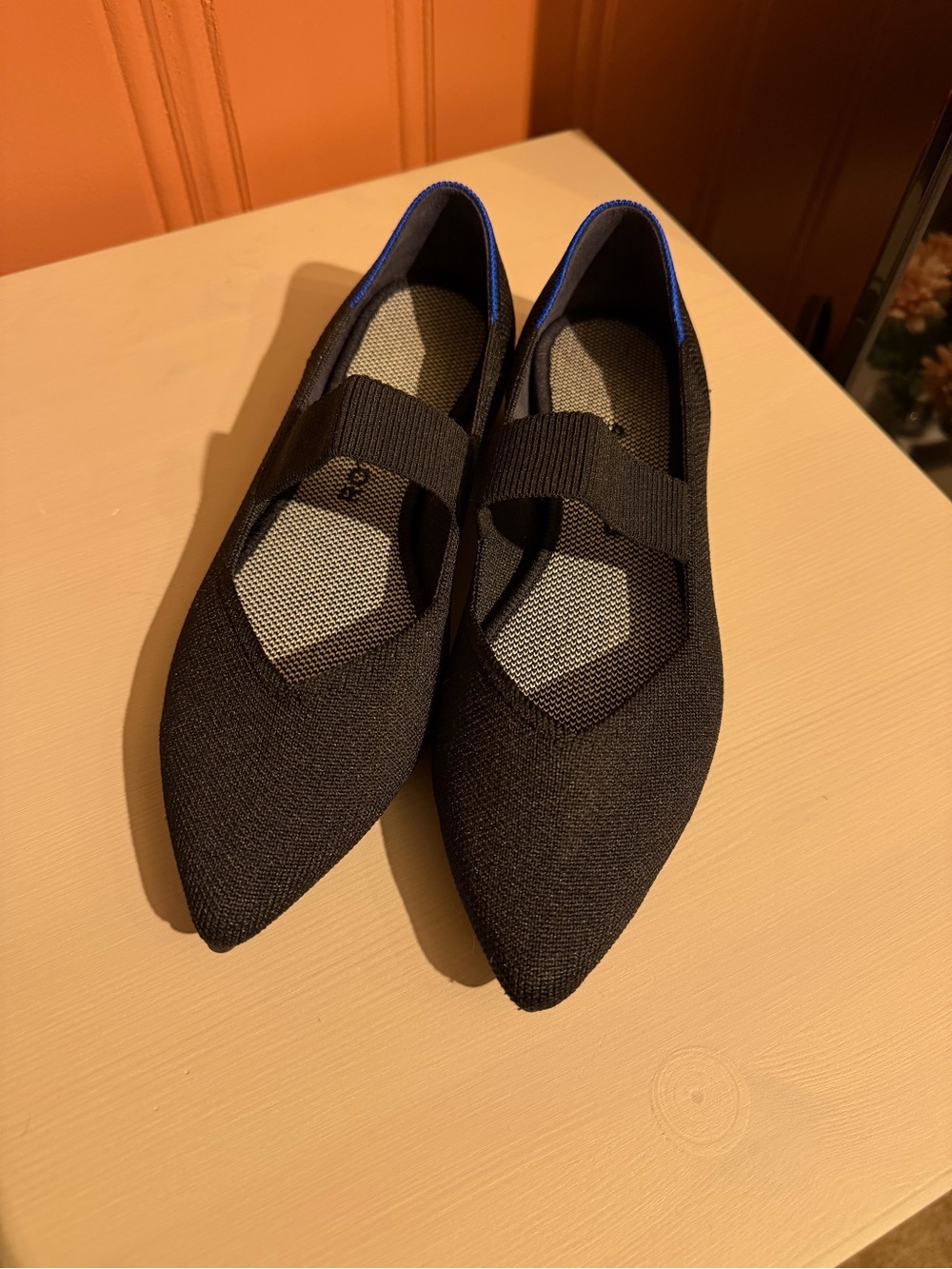 Rothy's Black Pointed Knit Flats with Elastic Strap and Blue Trim